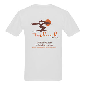 Back of white Teshuah Tea Co. T-shirt showing logo, teshuahtea.com, teshuahhouse.org, and mission phrase.