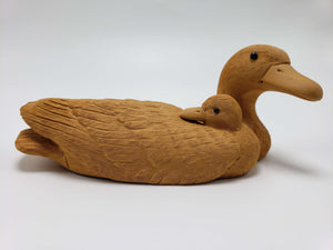 Mother Duck and Duckling Clay Sculpture 